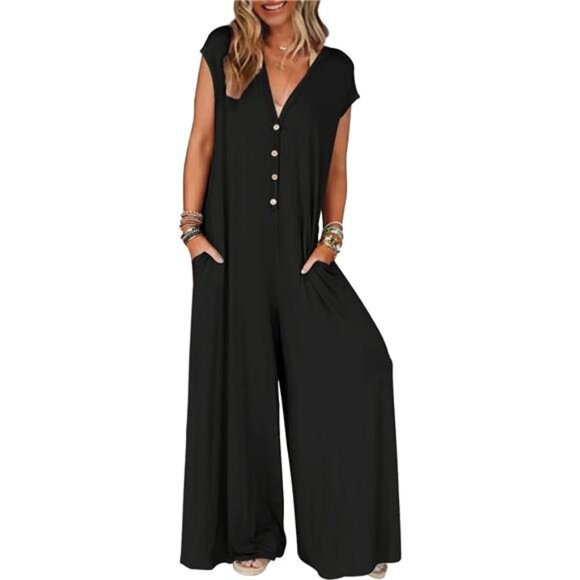 Women Cap Sleeve Jumpsuits Deep V Neck Button Onesie Wide Leg Pants Rompers - Picture 1 of 7